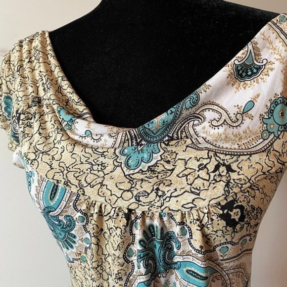 Top Slinky Draped Round Collar Cream and Aqua sz M - Picture 2 of 5